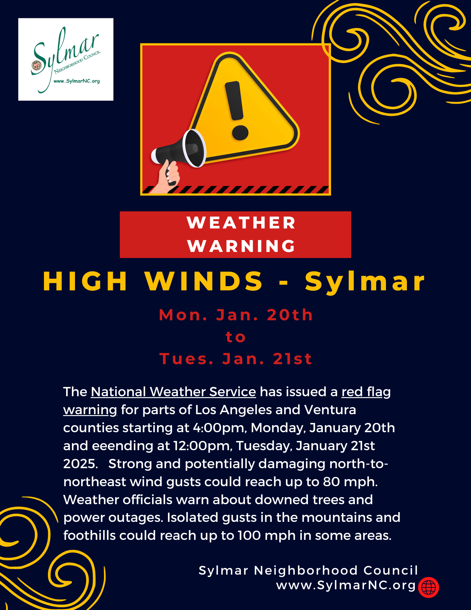 High Wind - WARNING! • Mon 1-20-25 to 1-21-25