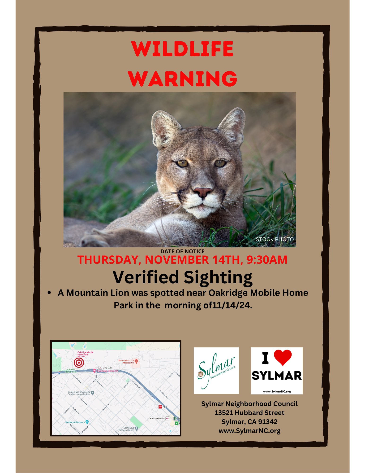 • MOUNTAIN  LION WARNING • 11/14/24