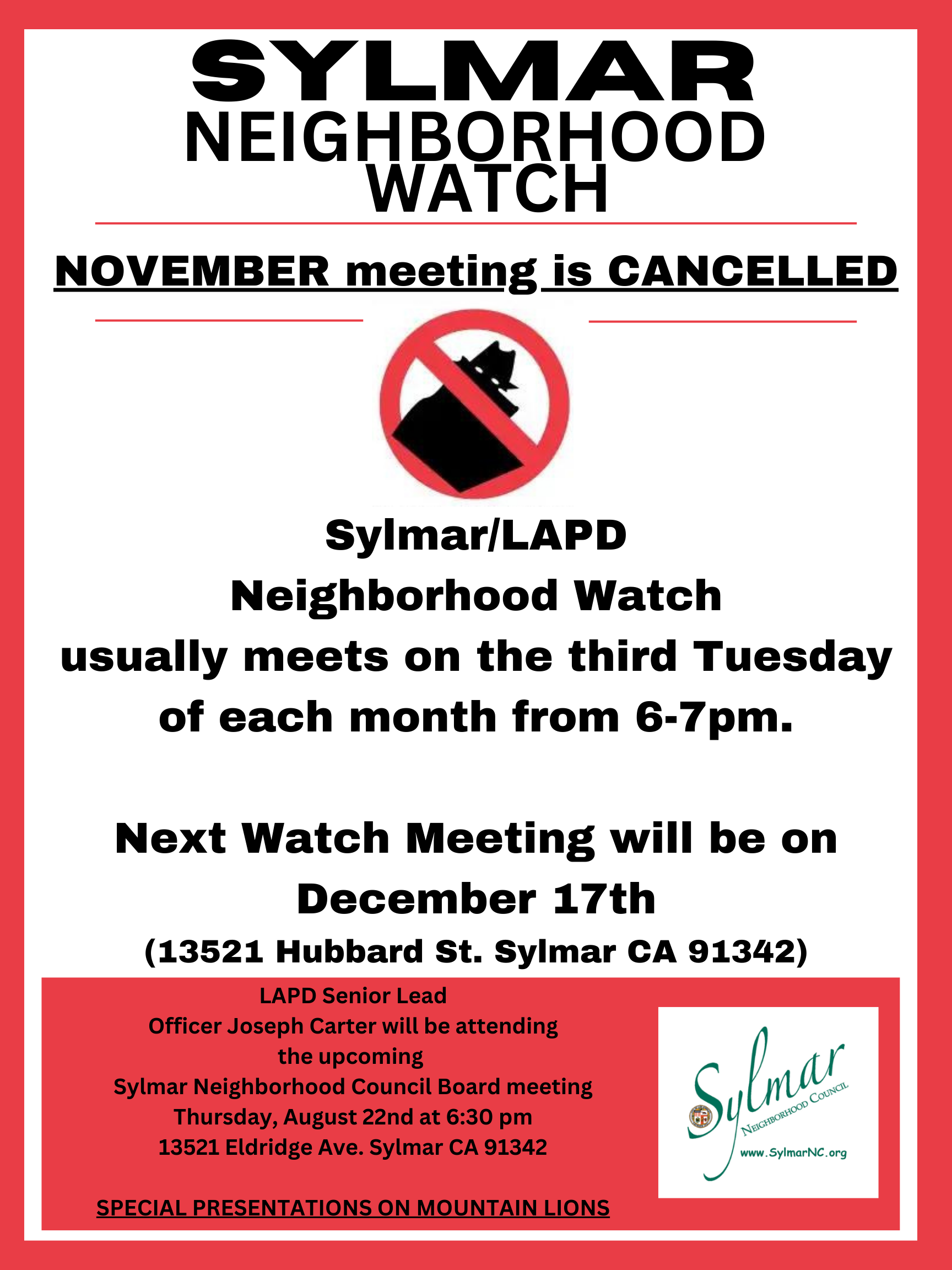 November • Community Watch Meeting CANCELED