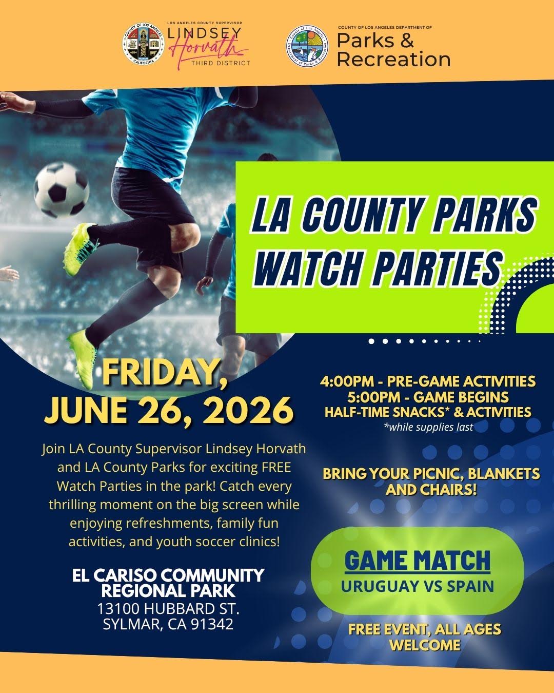 World Cup Watch Party on Friday, June 26, 2026, at El Cariso Community Regional Park!