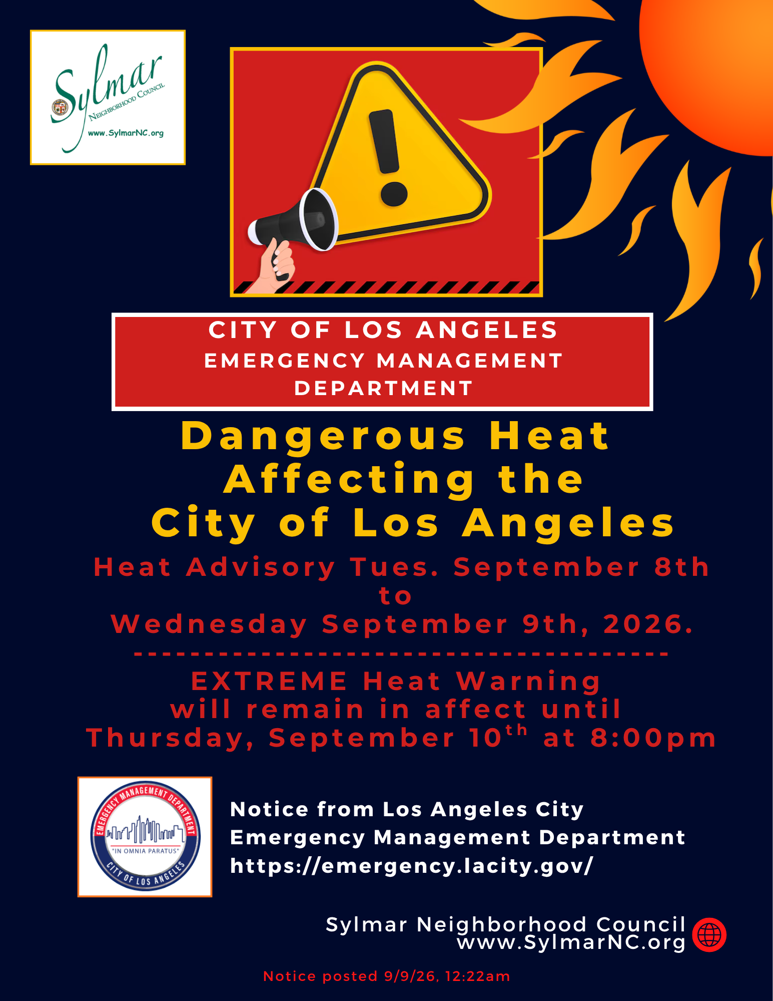 HEAT WARNING - LA City Emergency Management Department 9/8/26 to 9/10/26