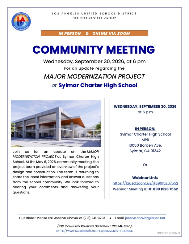 COMMUNITY MEETING - MAJOR MODERNIZATION PROJECT  at Sylmar Charter High School